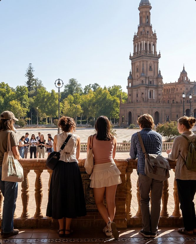Students looking out over Plaza de España in Seville