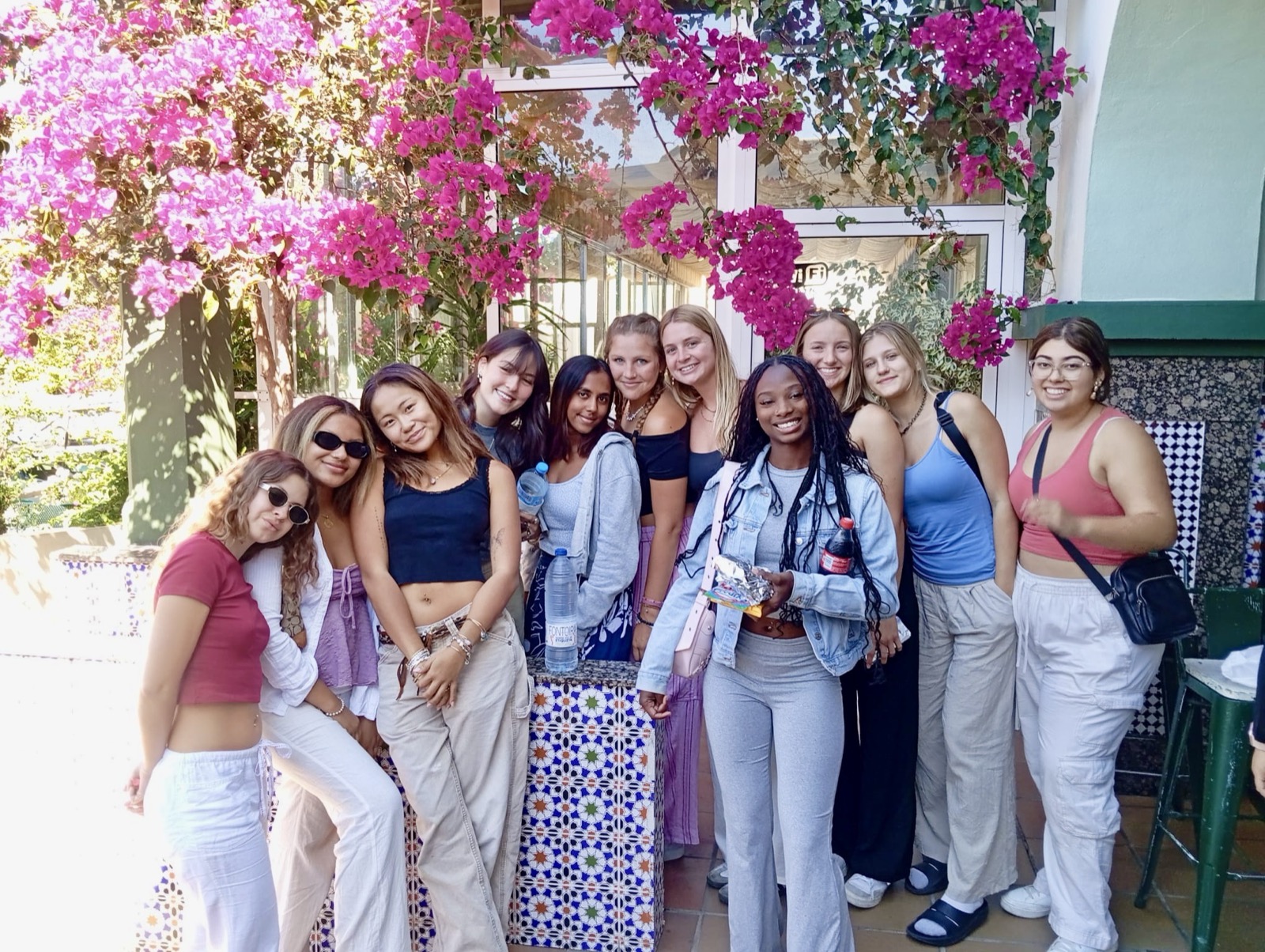ICS students under the bougainvillea